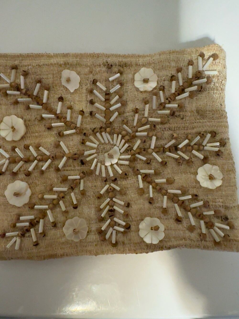 Moyna Hand Beaded Raffia Clutch Shell Floral Evening Bag Boho Coastal Vintage